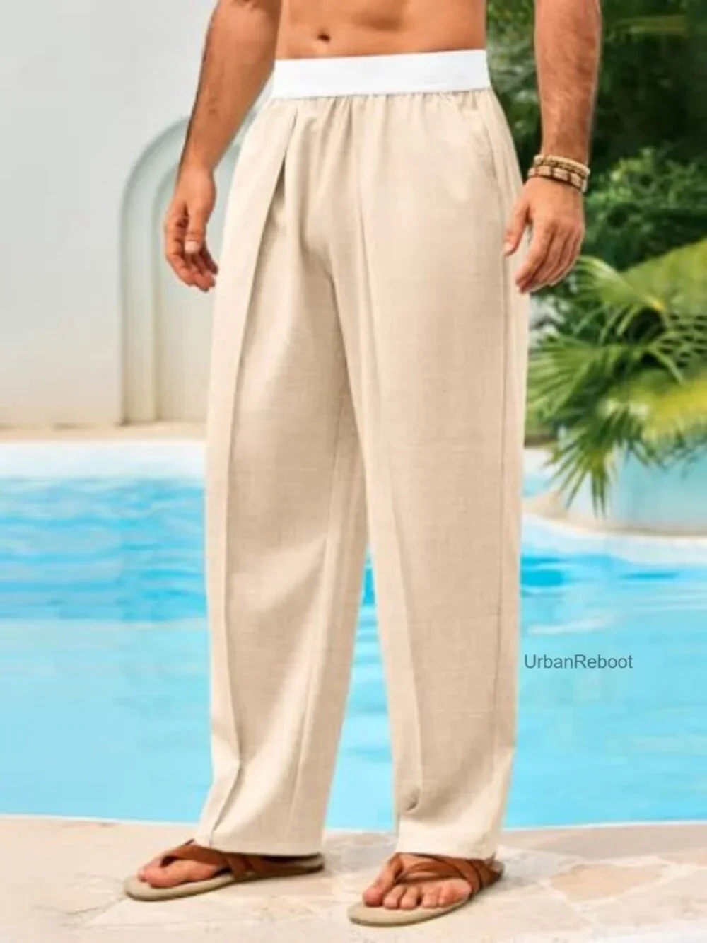 Mens Linen Pants Elastic Waist Straight Leg Casual Summer Yoga